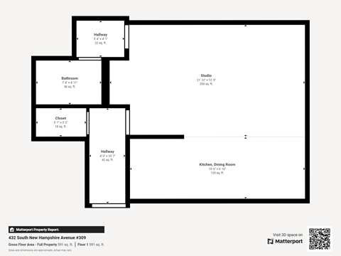 Floor plan for 1 bed, 1 bath, 584 sqft